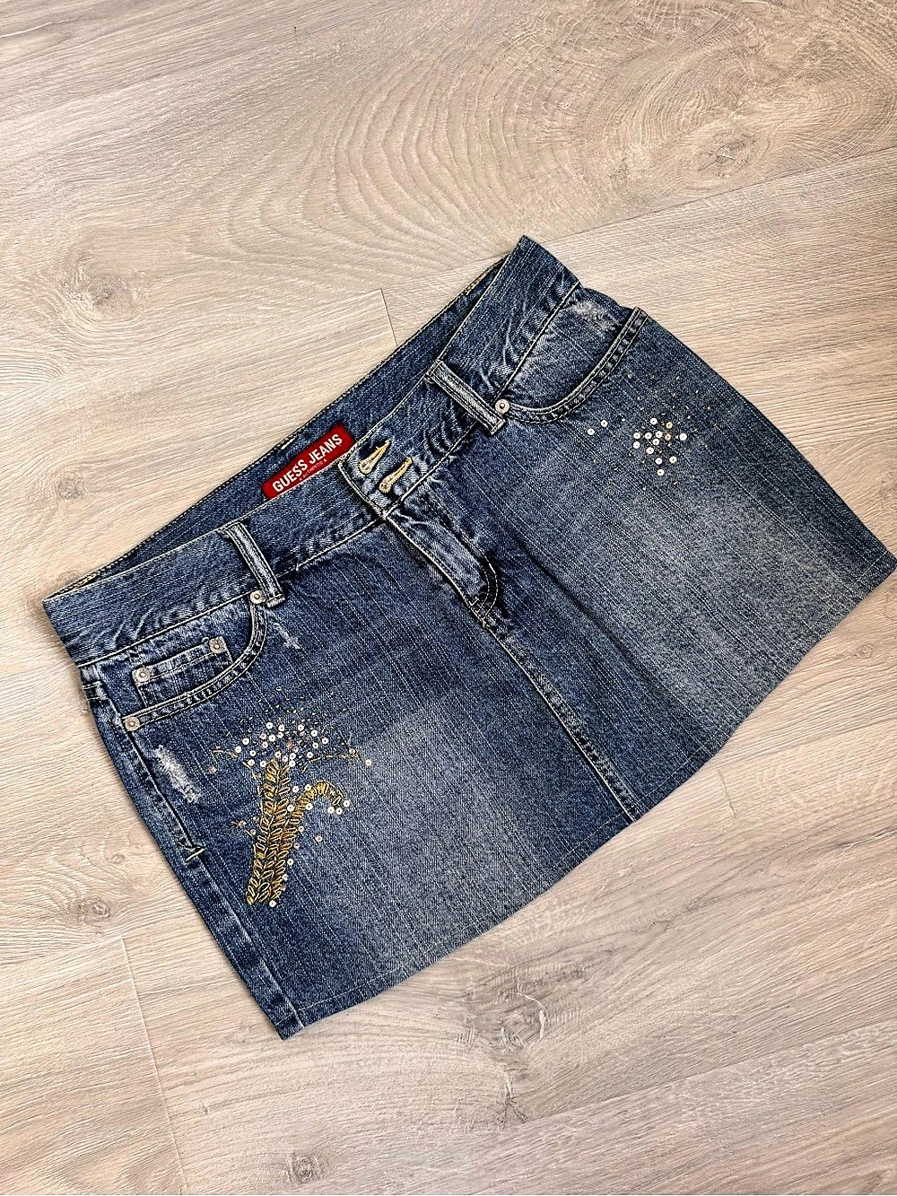 Vintage GUESS Jeans Embellished Denim Mini Skirt Size 30